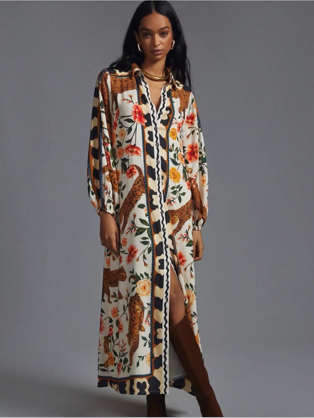 FARM RIO Floral & Leopard Print Button-Front Maxi Dress - White/Multi